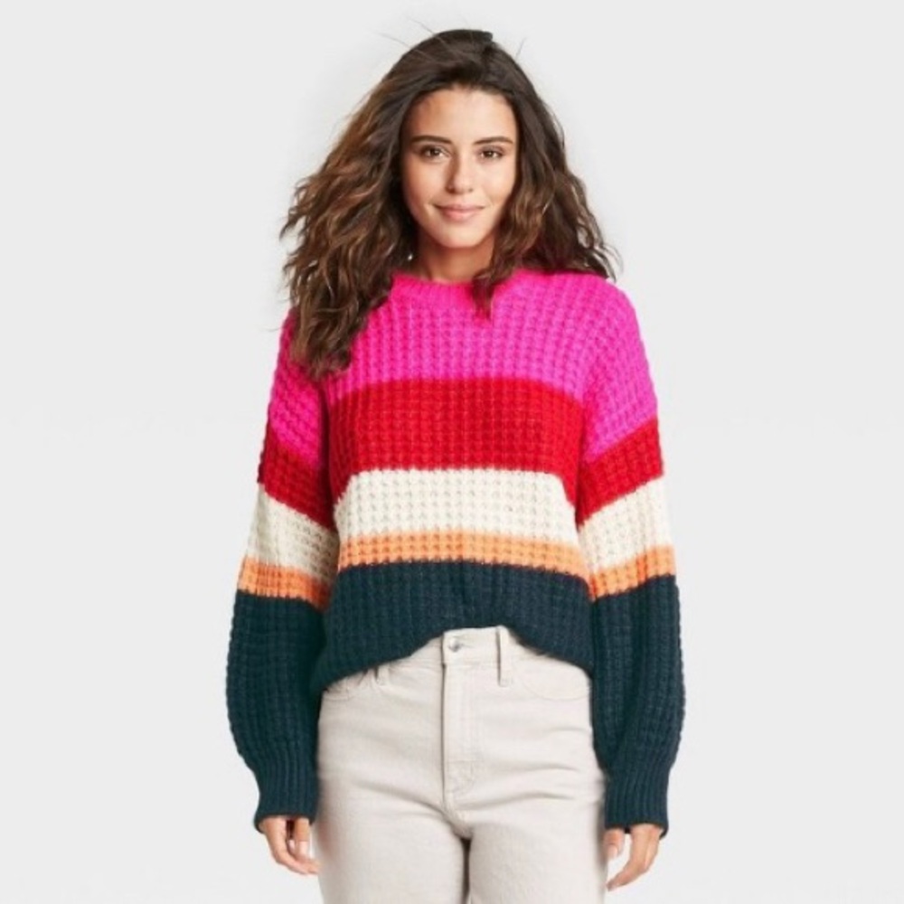 UNIVERSAL THREAD Women’s Chunky Knit Colorblock Balloon Sleeve Sweater Size XS